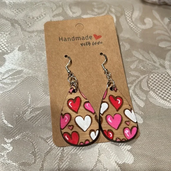 Handmade Multicolor Heart Wooden Dangle Earrings Romantic Statement Jewelry - Picture 5 of 8
